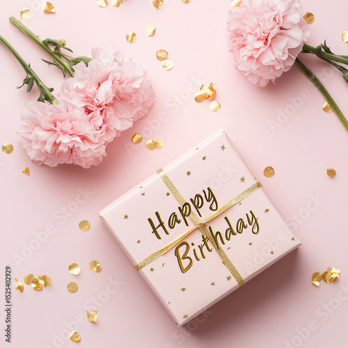 pink birthday gift box with golden lettering by pink gold confetti. AI generation.