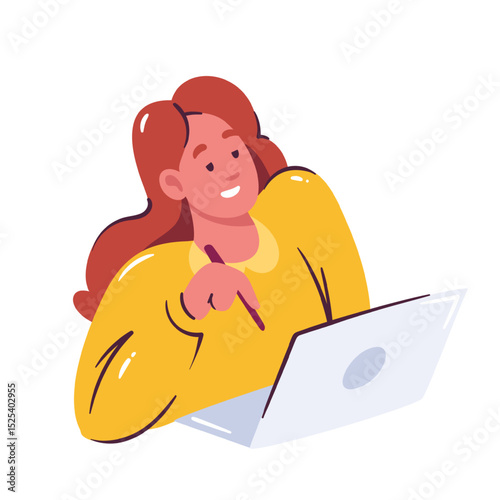 Young woman with long hair in yellow sweater writing on laptop, holding pen. Flat cartoon doodle style. Vector illustration for education, studying, blogging, or remote work design