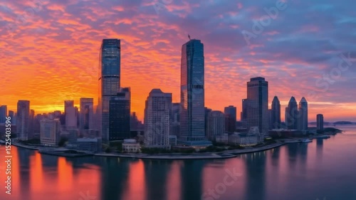 Wallpaper Mural City skyline reflecting in water at sunset or sunrise 4k video Torontodigital.ca