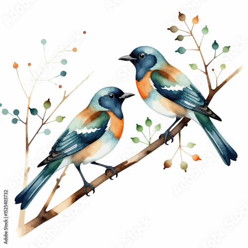 Watercolor Bird Art- Blue & Orange Birds on Branch- Delicate Botanical Illustration- Nature Inspired Artwork- Bird Watching Theme- Art Print for Home Decor