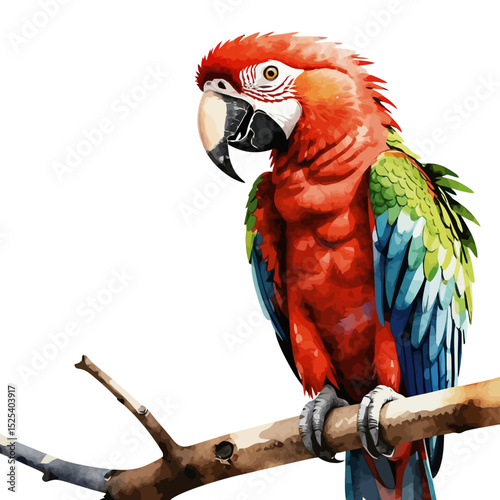 Watercolor Parrot Illustration-Beautiful Tropical Bird Art-Vibrant Scarlet Macaw Painting-Detailed Feather Design-Exotic Bird on Branch-Nature Inspired Artwork