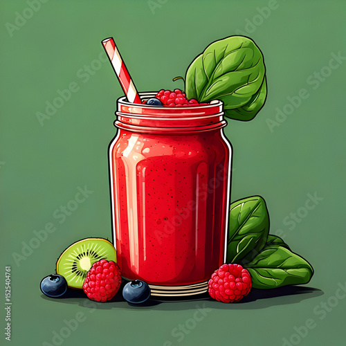 Red Raspberry Smoothie in Glass Jar with Kiwi and Spinach