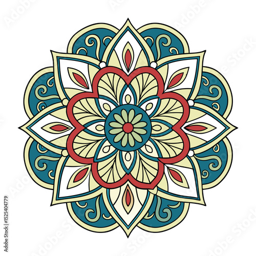 Intricate Cat Mandala Illustration with Geometric Patterns and CMYK Color Palette Detailed