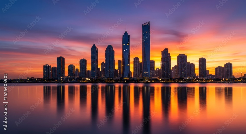 Fototapeta premium Skyline glows above tranquil reflective bay