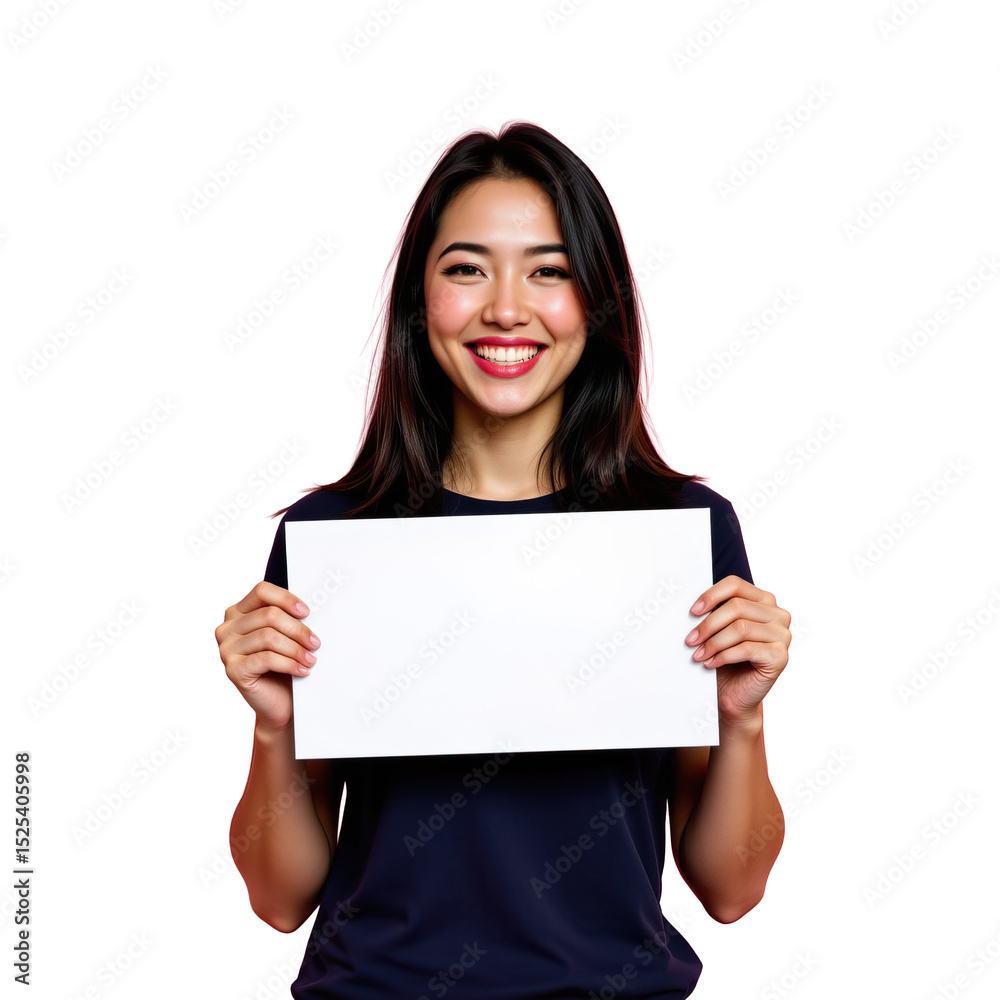 Cheerful young woman holding blank sign with big smile for advertising or promotional purposes on a white background Cheerful young woman holding blank sign with big smile for advertising or promotional purposes on a white background