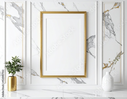 Elegant gold frame on marble wall with potted plant and white vase