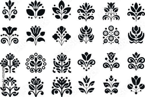  a collection of black stylized floral symbols arranged in rows. Each icon represents a simple flower or plant motif. These versatile graphics are ideal for decorative patterns or design elements.