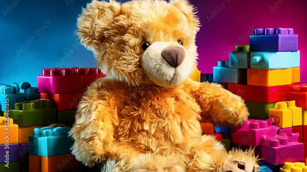 Fluffy teddy bear surrounded by bright colored building blocks, set against a vibrant backdrop for a cheerful toy display