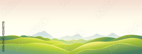 Mountain landscape with green hills in the foreground and a mountain range in the distance. Vector illustration.
