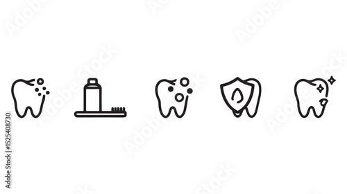 Dental hygiene and oral health illustrated in minimalistic outline style with various icons