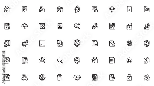 A comprehensive collection of insurance and security iconography representing various financial services