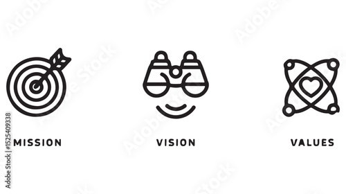 Mission vision and values icon set in a modern minimalist and business-oriented style