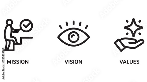 Simple black icons illustrating mission vision and values representing company principles