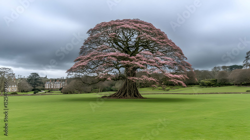 A serene summer landscape with a lone tree on a hill overlooking a golf course or meadow, under a blue sky with clouds and distant mountains