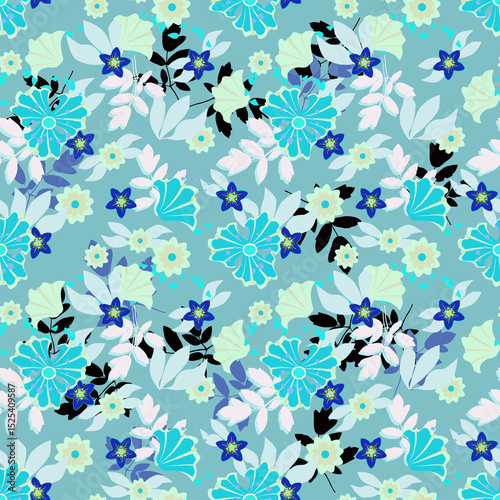  Vintage Teal Blue Floral Seamless Repeat