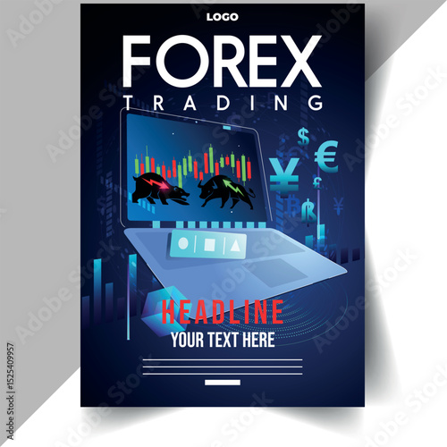 Forex trading concept illustration featuring bulls bears currency symbols and financial charts on a laptop