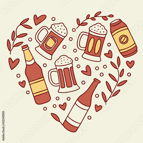 Beer bottles and mugs in heart shape with leaves and hearts  