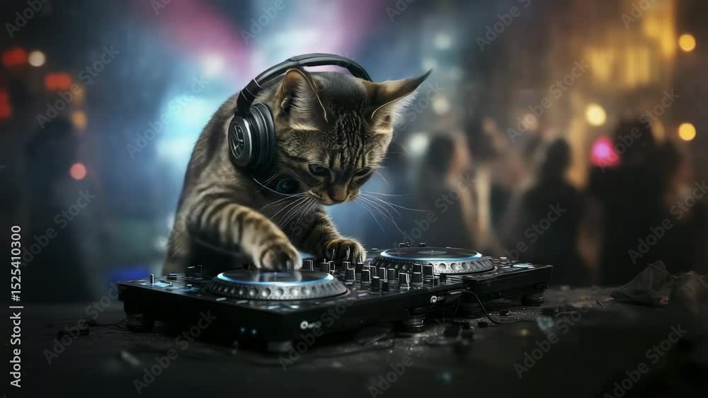 A cat wearing headphones is using a DJ controller in a vibrant, smoky party atmosphere.