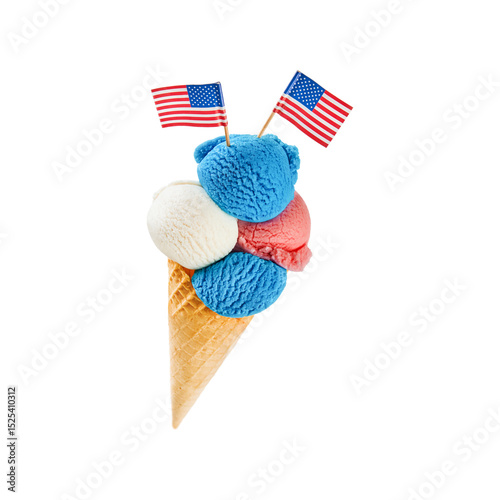 4th of July Holiday Independence background. Mans hand holds colorful ice cream cone with red, white and blue scoops patriotic colors isolated on white background with clipping path. Design element.