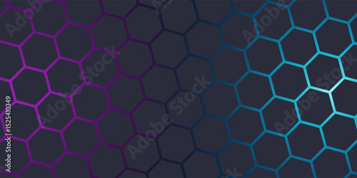 Dark gray 3D hexagonal technology vector abstract background. Blue and pink energy flashes under hexagon in modern technology futuristic background vector illustration. Grey honeycomb texture grid.