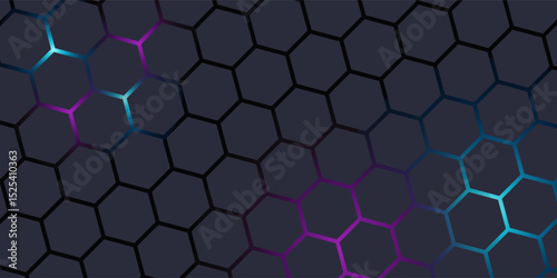 Dark gray 3D hexagonal technology vector abstract background. Blue and pink energy flashes under hexagon in modern technology futuristic background vector illustration. Grey honeycomb texture grid.