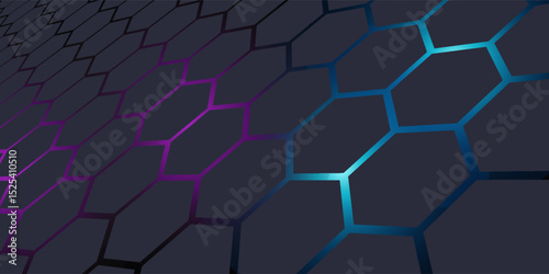 Dark gray 3D hexagonal technology vector abstract background. Blue and pink energy flashes under hexagon in modern technology futuristic background vector illustration, eps10