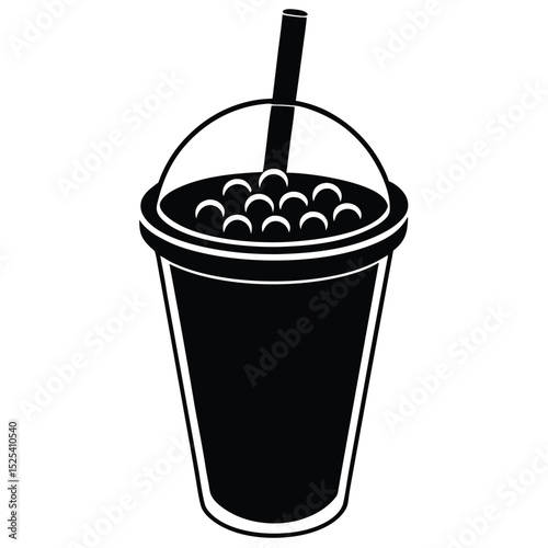 Black and White Graphic Illustration of Boba Tea in a Plastic Cup