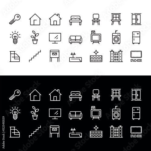 Apartment, flat, house, architecture, property, building, residential. Set of line vector icons. Illustration