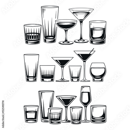 Various types of empty cocktail glasses set bundle. Vector illustration, isolated on white background.