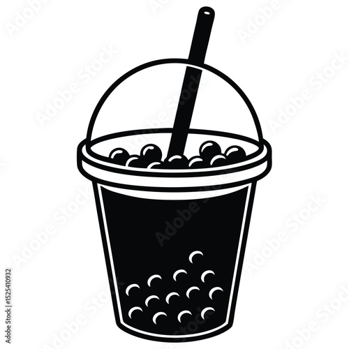 Black and White Illustration Boba Tea Cup with Tapioca Pearls