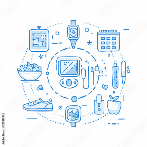 An illustration of health, diet, and fitness-related items arranged in a circular pattern