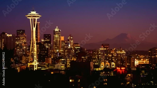Night View of Seattle Skyline with Mount Rainier in the Background