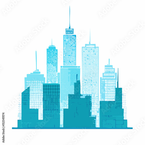 Blue cityscape skyline illustration with various buildings.  The image showcases a stylized urban landscape with different building heights and designs.
