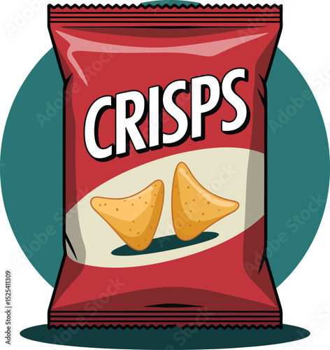 Cartoon Illustration of a Red Bag of Crisps with Two Crisps.