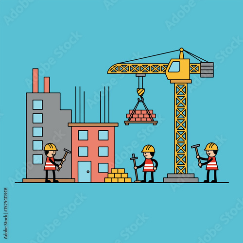 Simple Construction Site Illustration with Crane and Workers
