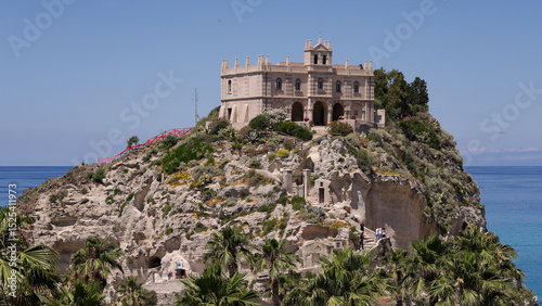 Santa Maria dell Isola Sanctuary rising on a rocky islet in Tropea, Calabria, a picturesque destination on the Tyrrhenian coast of Southern Italy