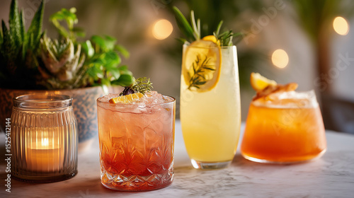 A luxurious product shot featuring cocktails illuminated by soft glow lighting, accented with tropical plants for an elegant, exotic vibe.