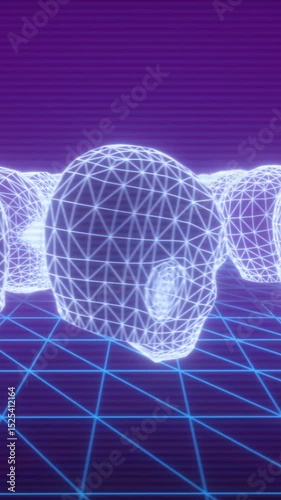 Retro Futuristic seamless animation of lowpoly heads. Synthwave neon vertical video. Artificial intelligence, machine learning and modern computer technologies concept.