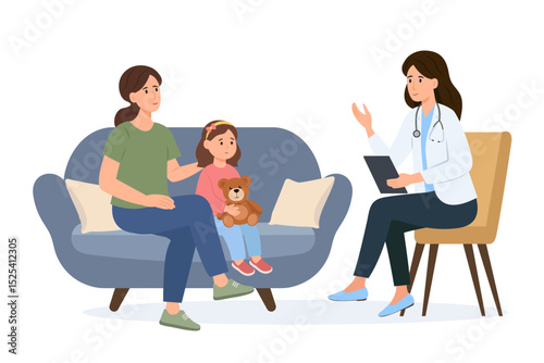 Pediatric checkup of the child. Girl and father at the doctor’s appointment.Pediatrician talking with child patient and dad. Vector Illustration.