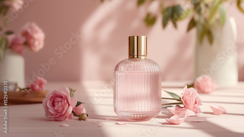 Fototapeta Naklejka Na Ścianę i Meble -  Minimalist perfume shot with rose tones, floating roses, warm wood, and golden-hour light.