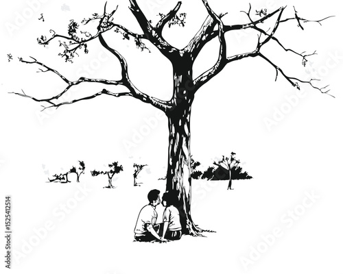valentine day vector loving couple under a big tree  