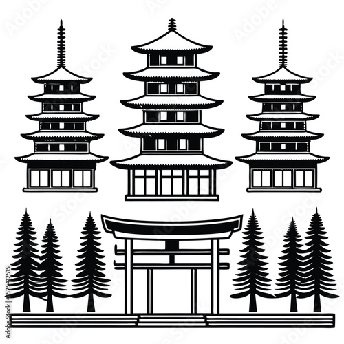 Japanese Pagoda, Torii Gate, and Evergreen Trees Vector Illustration