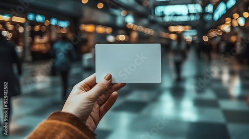 Person waving goodbye while holding a blank white gift card at an airport terminal