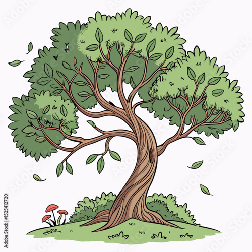 Vector illustration of a green leafy old tree, symbolizing nature and growth through changing seasons