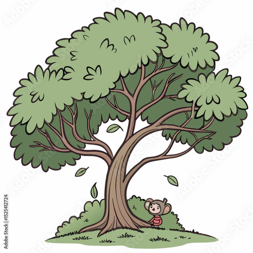 Here's your sentence:

Vector illustration of an old tree with green leaves, symbolizing nature's growth through changing seasons