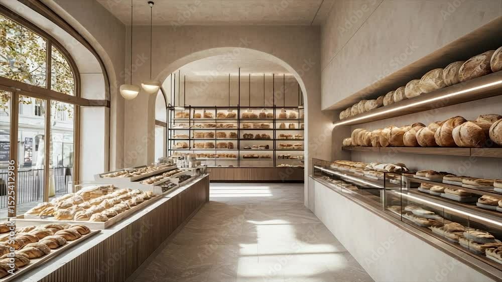 Modern bakery interior design.  Spacious, light-filled space with artisanal breads and pastries on display