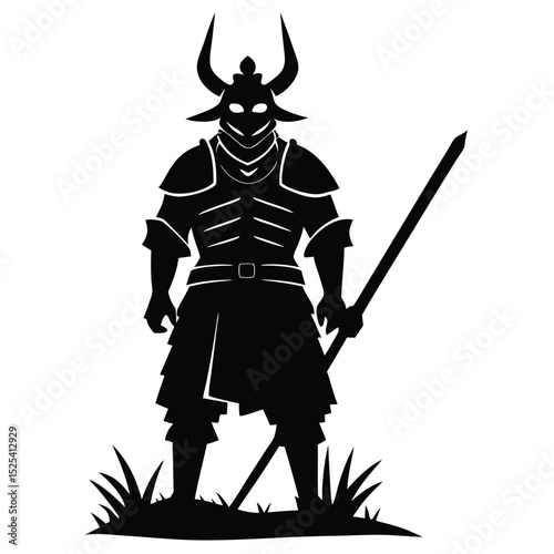 Silhouette Illustration Armed Warrior in Grassland