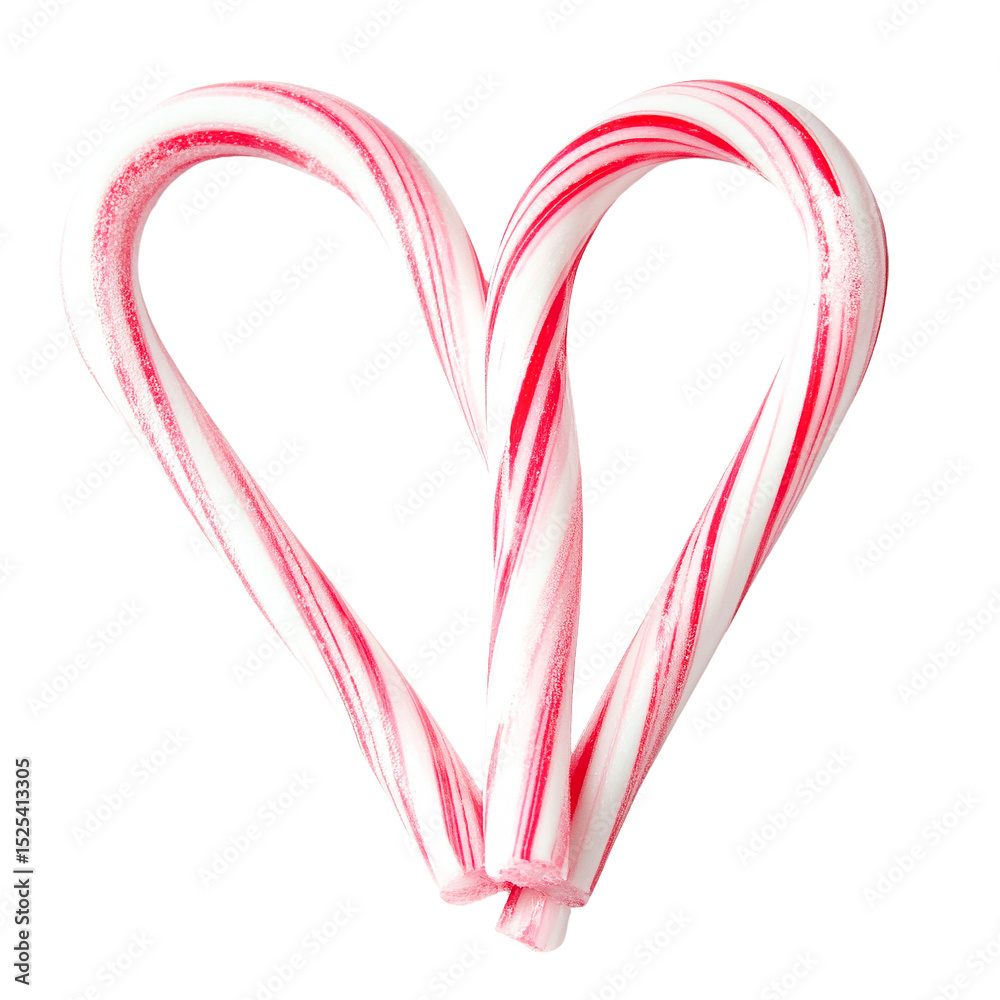 Fototapeta premium Two candy canes forming a heart shape, red and white stripes, transparent background, festive holiday treat, sweet confectionery, Christmas candy, winter holidays,
