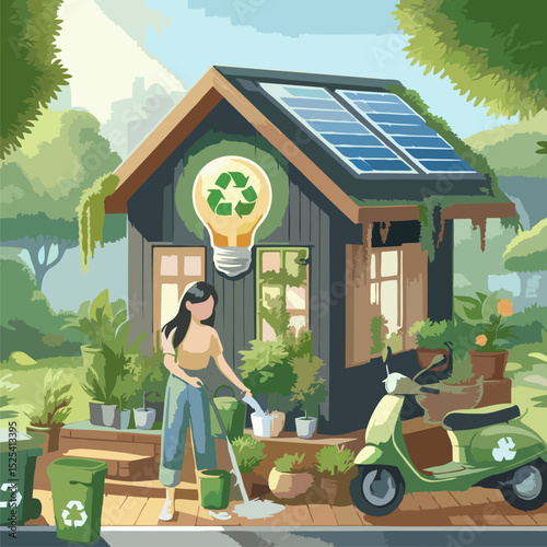 An isometric vector illustration depicting sustainable living, featuring a house with solar panels, a woman watering plants, an electric scooter, recycling bins, and an energy-saving light bulb symbol
