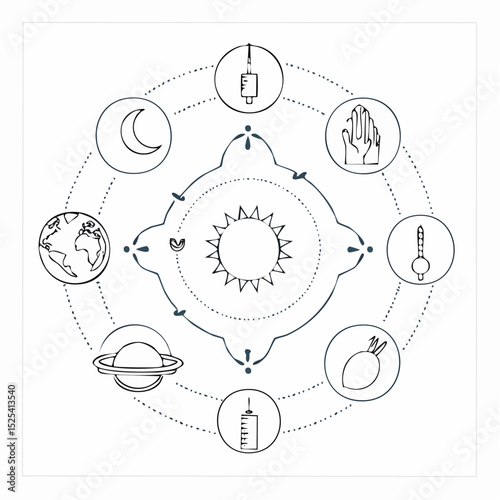 Cosmic Cycle of Life and Medicine – Minimal Line Art Illustration